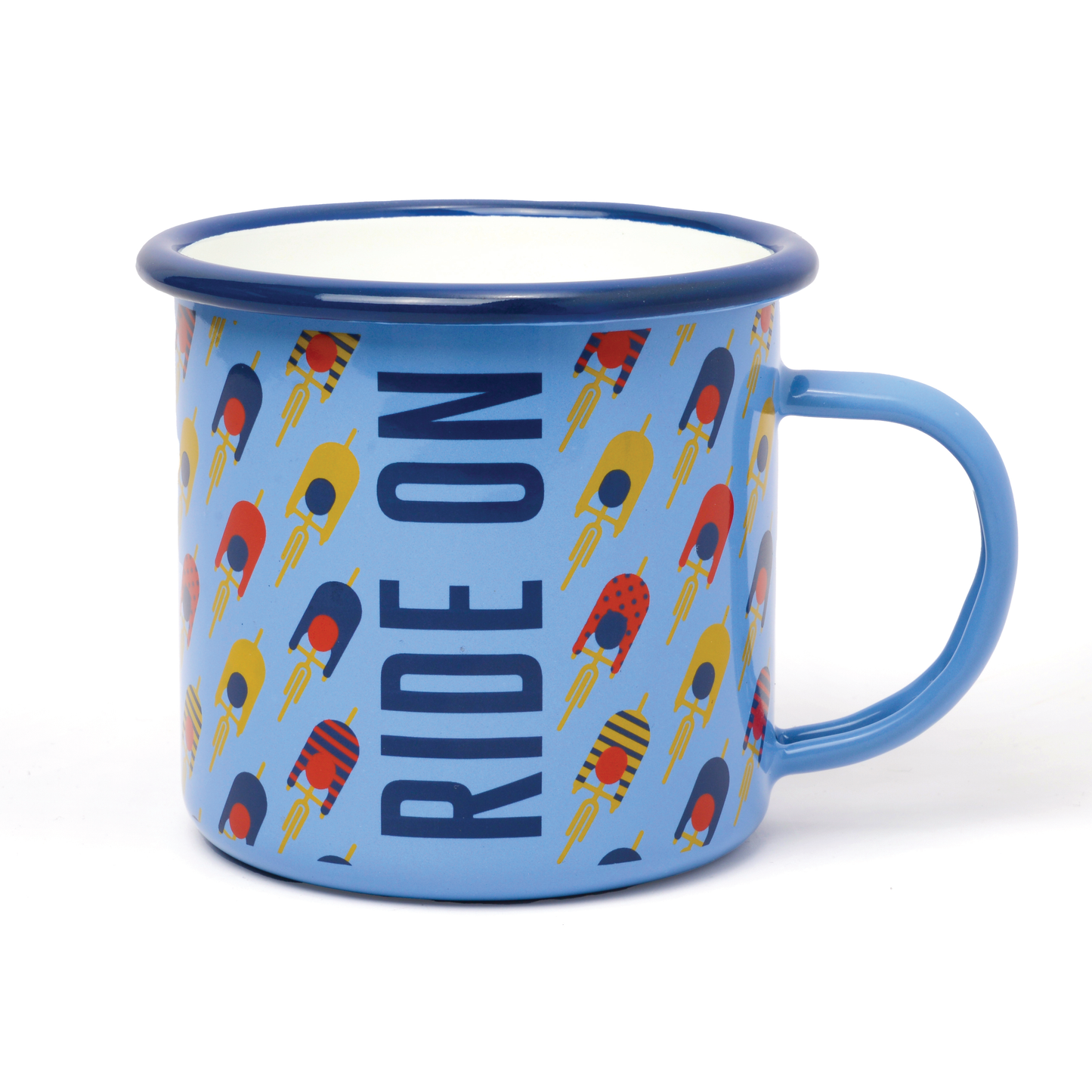 Cycling Enamel Mug on a white background. 