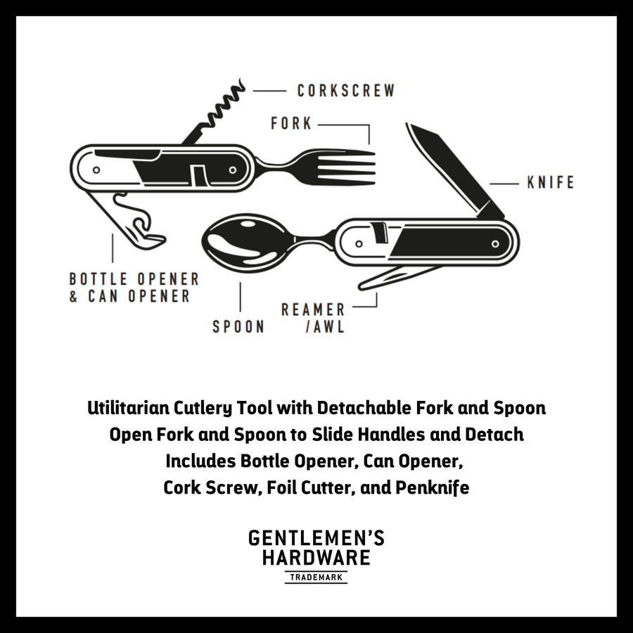 Camping Cutlery Infographic. Text reads: "Utilitarian Cutlery Tool with Detachable Fork and Spoon Open Fork and Spoon to Slide Handles and Detach Includes Bottle Opener, Can Opener,  Cork Screw, Foil Cutter, and Penknife" with Gentlemen's Hardware logo below