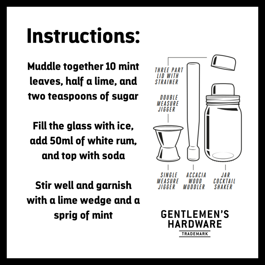 Muddler and Jar Shaker Set Infographic. Text reads "Instructions: Muddle together 10 mint leaves, half a lime, and two teaspoons of sugar  Fill the glass with ice, add 50ml of white rum, and top with soda  Stir well and garnish with a lime wedge and a sprig of mint" with gentlemen's hardware on the right bottom