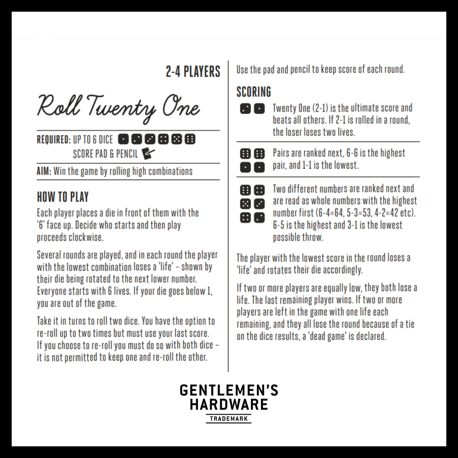 Roll Twenty One Game instructions for 2 to 4 players with dice