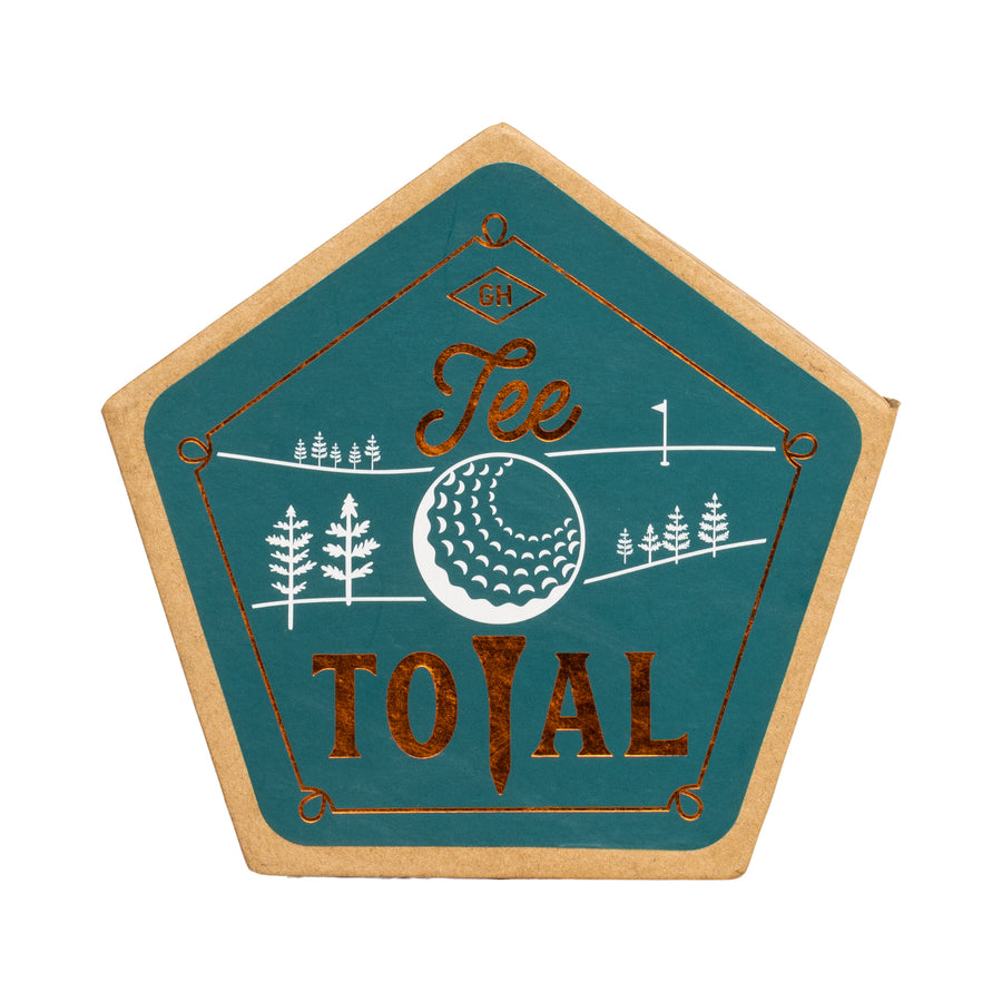 Golf Coasters with golfball and tee total printed on green background