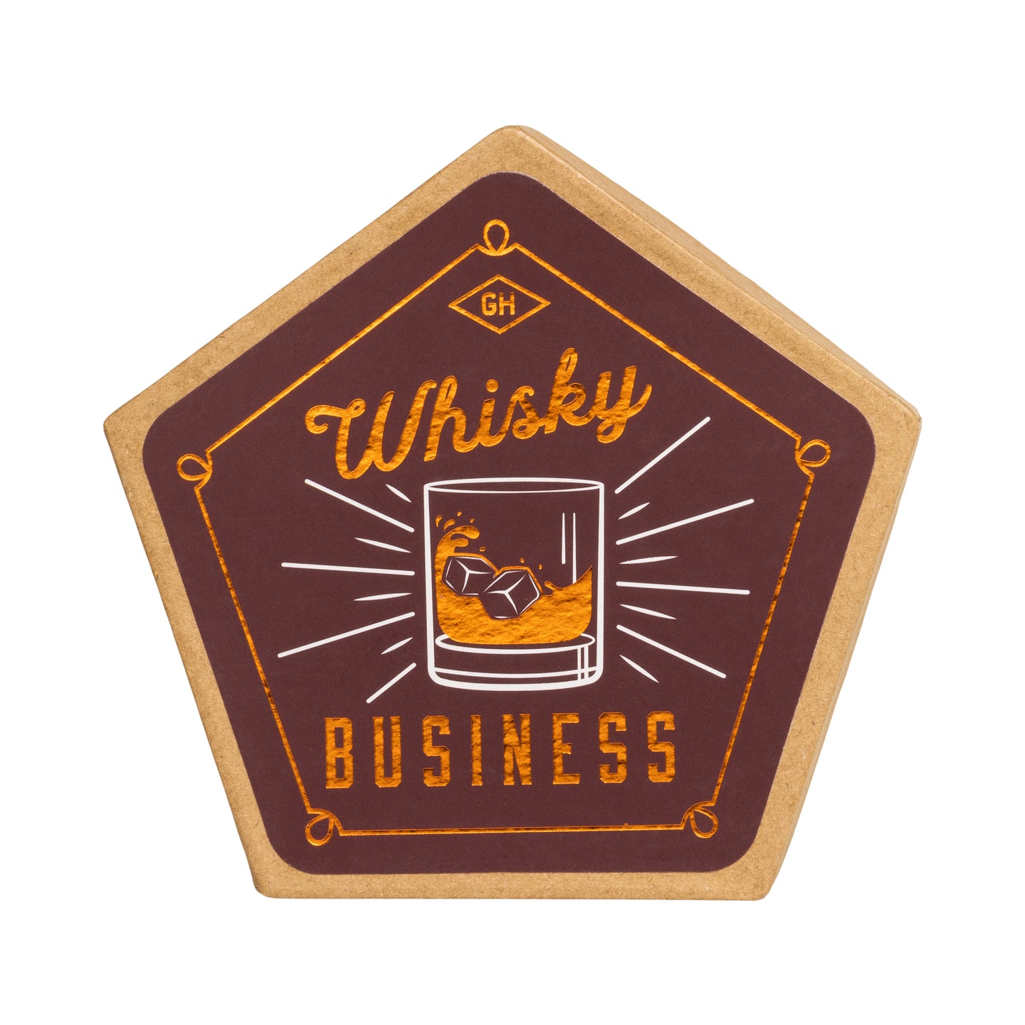 beverage coaster with whisky business printed and a rocks glass