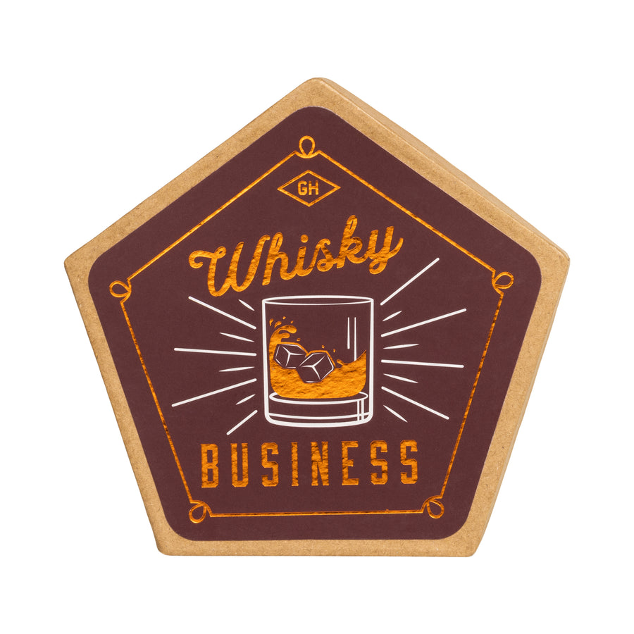 beverage coaster with whisky business printed and a rocks glass
